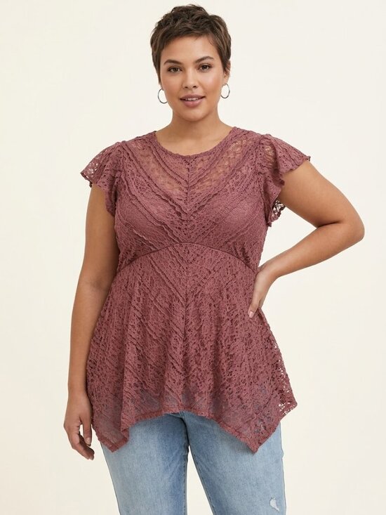 torrid Tops - Torrid Women's Size 3X Dusty Rose Lace Babydoll Crewneck Sharkbite Hem Top